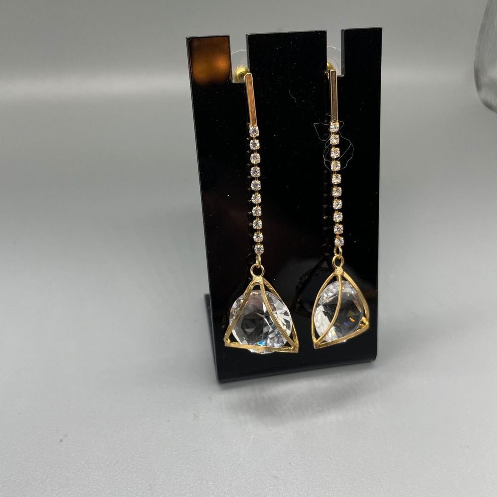 Trillion Crystal Cage Drop Earrings Pave Rhinestone Linear Dangle gold Tone
